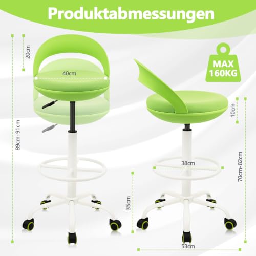 Klasika Ergonomischer Stehhocker Rollhocker mit Rückenlehne und Fußstütze, höhenverstellbar Bürohocker 360° neigbar Arbeitshocker für Büro… – Ansicht 3