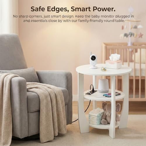 ZEXVIDA White Round Side Table with Charging Station, 19.7" Modern End Table with USB Ports & Outlets, 3-Tier Circle Nightstand for Bedroom, Nursery, Living Room, Small Spaces, Bedside Accent Table by ZEXVIDA - Used condition - Image 9