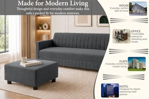 Image of Modern 3-Seater Velvet Sofa with Ottoman | Vertical Channel Tufted Backrest | Plush Cushioned Seating | Stylish Contemporary Sofa for Living Room, Bedroom & Office | Grey