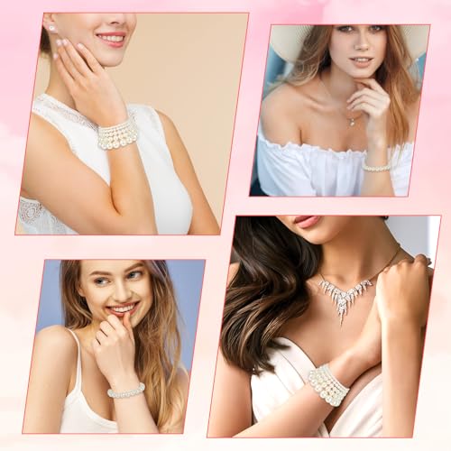 Molain 5 Pcs Pearl Bracelets for Women Stretch Strand Bracelets Pearl Bracelets Bridal Wedding Elastic Bracelets Stackable Faux Pearl Bracelets for Lady Party Jewelry Pearl Beaded Bracelets4