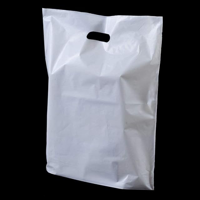 Sabco - 50pcs Patch Handle Plastic Bags - 15 x 18 x 3" Premium White Patch Handle Carrier Bag - White Bags With Handles - Heavy Duty High Tensile Bags Ideal For Boutique Clothes Party Gift Bag