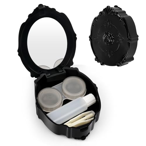 AHIER Contact Lens Case Rose Design Portable Contact Lenses Container Holder Storage Box for Home and Travel with Mirror
