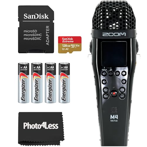 Zoom M4 MicTrak Stereo Microphone and Recorder Bundle with SanDisk microSDXC Memory Card with Premium Max AA 4 Pack and Cloth