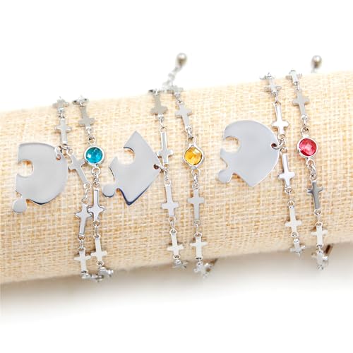 Image of 3 Heart-shaped Jigsaw Family Friendship Bracelets - Double Stainless Steel Cross Chain Birth Stone Charm Layered Heart Bracelets for Female Friendship Personalized Custom Jewelry