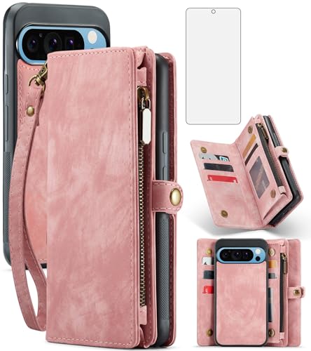 Asuwish Schutzhülle für Google Pixel 9 Pro XL, Reißverschluss, abnehmbare Hülle mit Displayschutzfolie aus gehärtetem Glas, Leder-Kreditkartenhalter, für Damen und Herren, Rosa