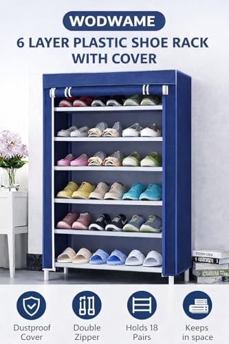 Image of 6-Tier Shoe Rack with Dust-Proof Cover, Black with Gold Trim, Multi-Pair Storage Organiser (Blue)