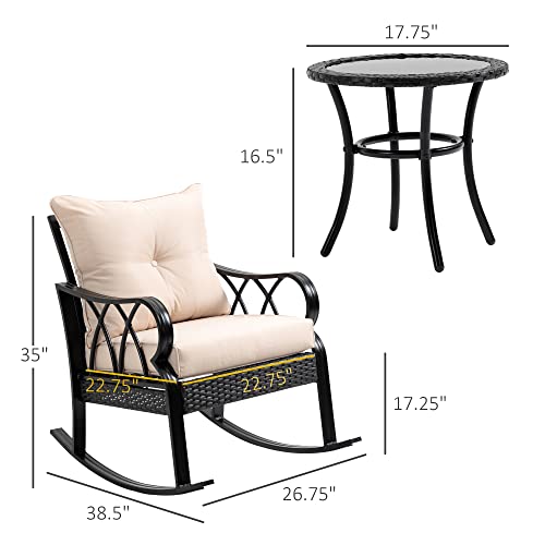 Outsunny 3-Piece Rocking Chair Bistro Set, Wicker Conversation Set, Outdoor Patio Rattan Furniture Set With Tempered Glass Side Table For Garden Or Backyard, Khaki #TOP2