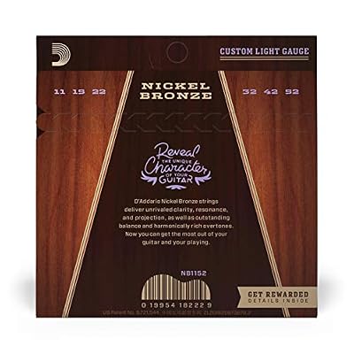 D'Addario Acoustic Guitar Strings, Nickel Bronze, NB1152, Custom Light Gauge 11-52, 6-String Set, Pack of 1