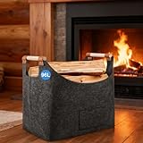 Portalegna Pieghevole in Feltro Spesso con Manici in Legno Naturale – Cestello per Legna da Camino, Organizzatore per Giocattoli, Coperte, Riviste, Design Nordico (60x40x40 cm)