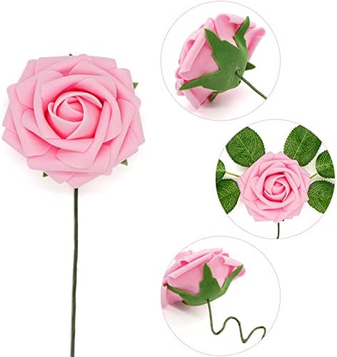 LUOWAN Artificial Flowers Roses, 25pcs Real Touch Foam Roses with Stems for Wedding Bridal Bouquets, DIY Flowers Arrangement, Party, Baby Shower, Table Centerpieces Home Decoration (Pink)