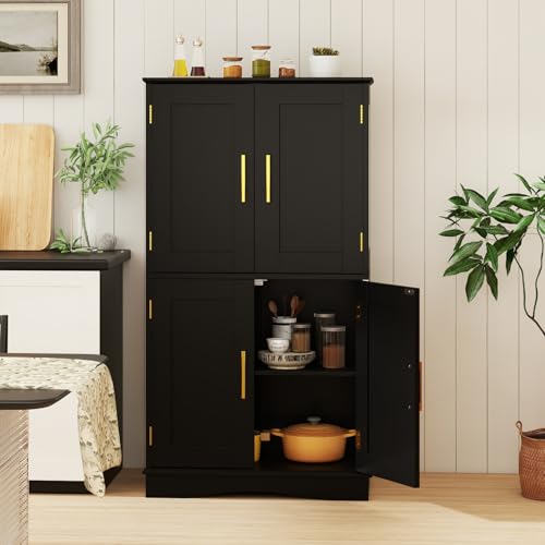 COSTWAY Credenza Alta da Cucina, Mobile Dispensa Salvaspazio in Legno con 4 Ante e 2 Ripiani Regolabili, Armadio Moderno per Scrivania, Cucina, Soggiorno e Ufficio, 60 x 30 x 110 cm (Nero) - immagine 3