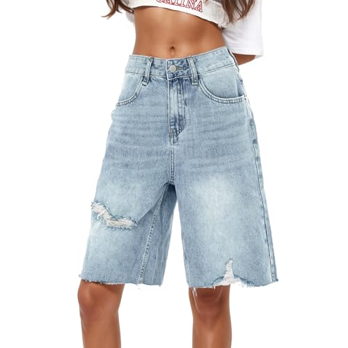 Short en jean déchiré femme coupe décontractée boyfriend long avec poches