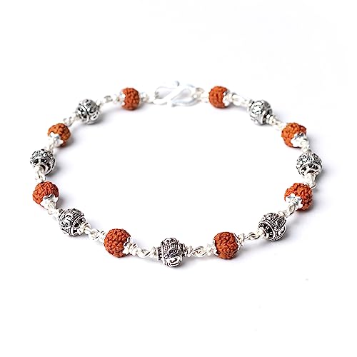 Hem Jewels Pure Silver Rudraksha Rakhi for Brother | 925 Silver Rakhi for Bhaiya, Boys and Men | Bracelet for Bhai |Natural Rudraksh | Design - Round Om Beads (RKH55-1)
