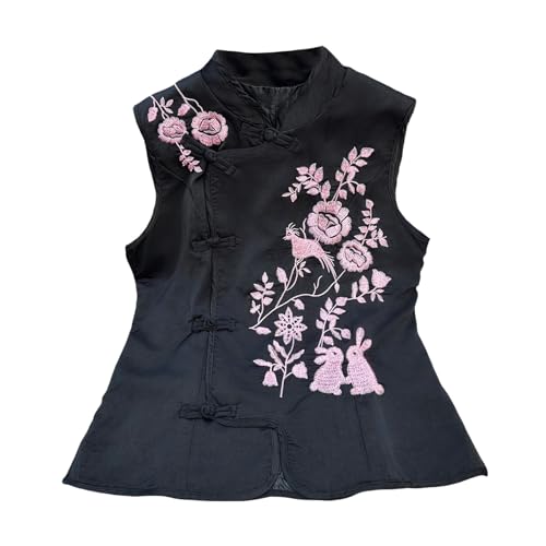 JYHBHMZG Gilet de costume en satin brodé avec boutons grenouille pour femme, Noir , M