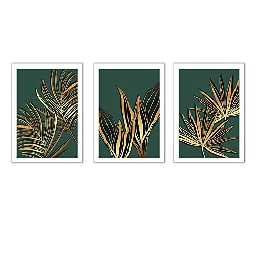 Décoration murale grand format pour grand mur vide salon triptyque feuilles de palmier vert or