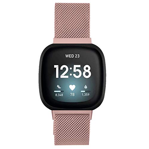 OCTT Metal Loop Band Compatible for Fitbit Sense Bands/Versa 3 Bands, Stainless Steel Mesh Breathable Wristband with Adjustable Magnet Lock (Small, Rose Gold)