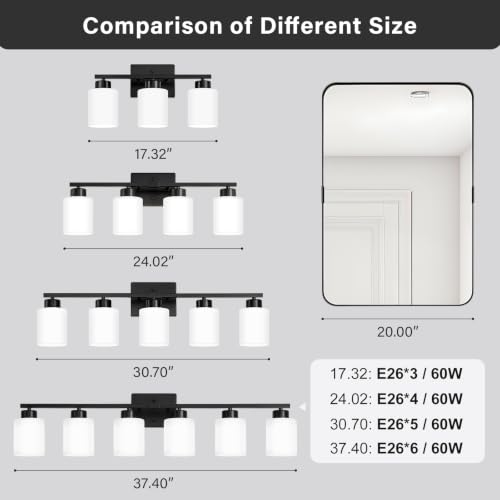 Image of FonmYim Black Bathroom Light Fixtures, 6-Light Modern Vanity Light Over Mirror, Wall Sconces with Milky White Frosted Glass Shades, E26 Socket (Bulbs Not Included)