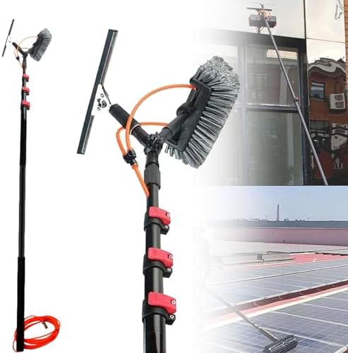 Water Fed Pole Kit w/Water Fed, Telescopic Window Cleaning Brush Pole, Car Wash Brush with Squeegee, for Home and Commercial Window Cleaning with Water Supply Hose Solar