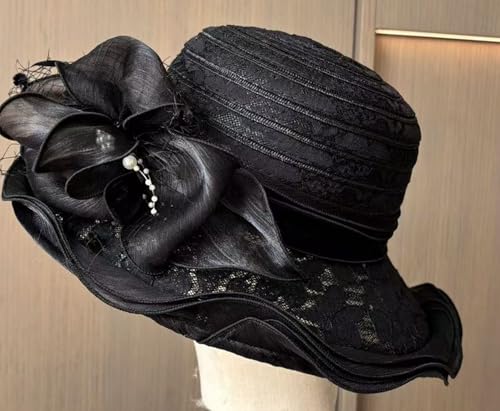ORIDOOR Women\'s Organza Cloche Bowler Hat Church Fascinator for Tea Party Bridal Wedding Dress Hat (012E Black)
