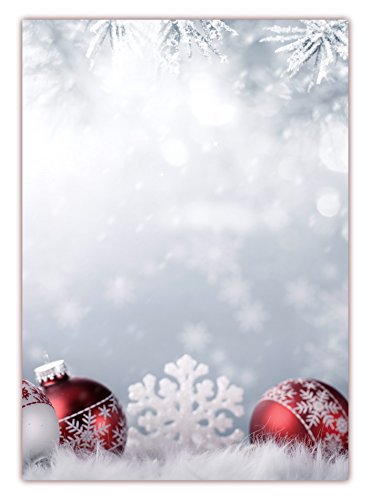 Motivpapier Briefpapier (Weihnachten-5179, DIN A4, 25 Blatt) - Weihnachtspapier rote Weihnachtskugeln im Schnee