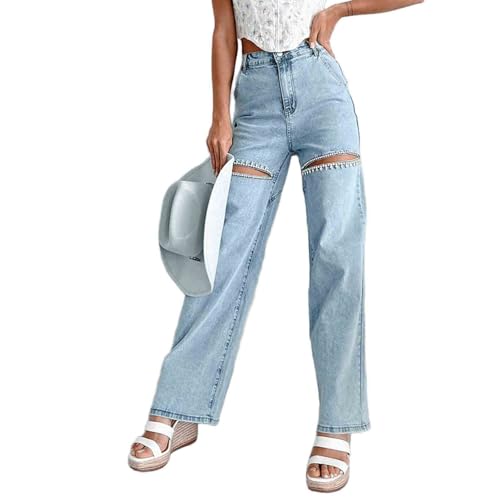 Women's Casual Niche Design Nail Drill Ripped Jeans high Waisted