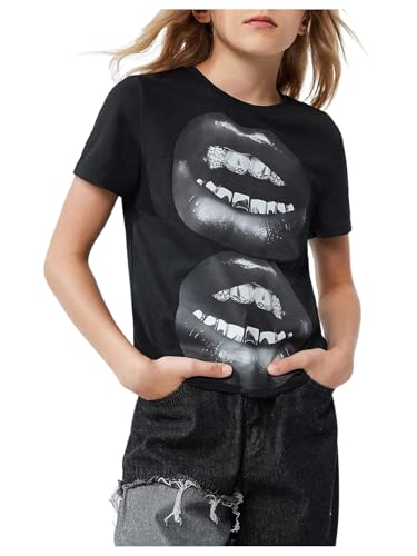 WDIRARA Girl's Lip Graphic T Shirt Short Sleeve Crew Neck Tee Shirt Y2k Top
