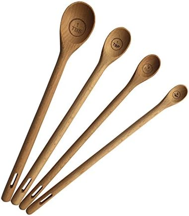 Long Handle Wooden Measuring Spoons by utensi, Set of 4 Engraved Accurate Spoons for Dry and Liquid Ingredients, Beech Wood Set (9-inch handles)