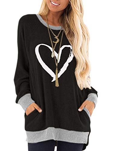 iChunhua Heart Print Jumpers Women Cute Tops Comfy Clothes for Women Uk Black M