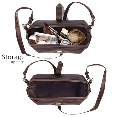 Premium Leather Cosmetic Bag for Women – Large Capacity Travel Makeup Organizer Pouch with Handle & Shoulder Strap, Vanity Makeup Case, Durable Leather Bag & Cosmetic Organizer For Travel - Brown2