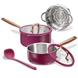 CAROTE 1.5Qt & 3.0Qt Stainless Steel Saucepan Set with Steamer & Ladle, Non-Toxic 3-Ply Stainless Steel Pot with Lids, Small Pots for Cooking, Oven Safe, Induction Compatible Cookware, Purple