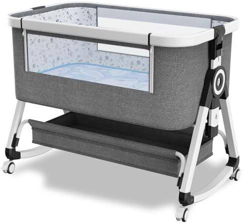 New Mom Essentials: Surviving the Newborn Phase 3 in 1 Baby Bassinet,Bedside Sleeper with Storage Basket and Wheels,Portable Baby Crib with Mosquito Net, 6 Adjustable Height & Breathable Mesh,Easy to Fold (White&Grey)