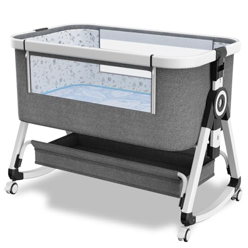Image of 3 in 1 Baby Bassinet,Bedside Sleeper with Storage Basket and Wheels,Portable Baby Crib with Mosquito Net, 6 Adjustable Height & Breathable Mesh,Easy to Fold (White&Grey)