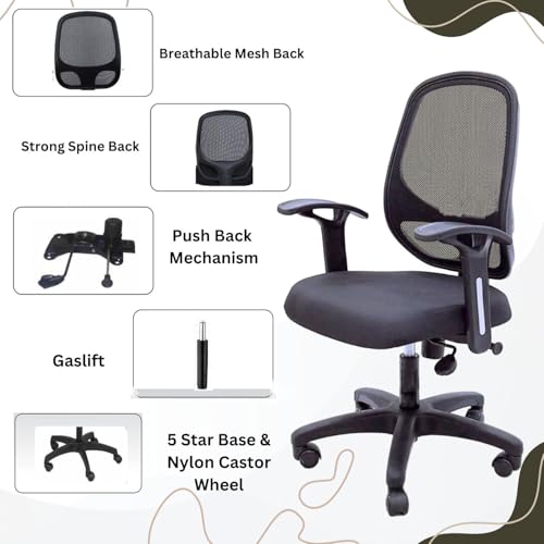 Image of Office Arm Chair with Frame, Mesh Back, Nylon Base, and Adjustable Handle, Cushion Fabric (802 Chair-Black)