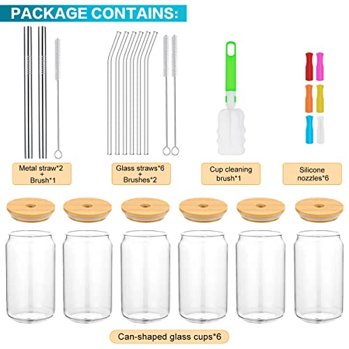 Magicmaster Beer Can Glass With Bamboo Lids And Glass Straws, 6 Pack 16Oz Drinking Glasses With Lids And Straws, Can Shaped Glass Cups, Iced Coffee Cup, Beer Glasses, Ideal For Water, Soda, Tea, Gift #TOP2