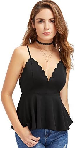MakeMeChic Women's Sexy V Neck Backless Camisole Scalloped Peplum Cami Top Black M