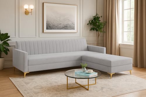 Image of SOCOZI Morello 4 Seater L Shape Sofa Set with Movable Ottoman | Flexible Left or Right Layout | Soft Velvet Suede Fabric | Modern Design | Plush Comfort Cushions for Living Room (Light Grey)