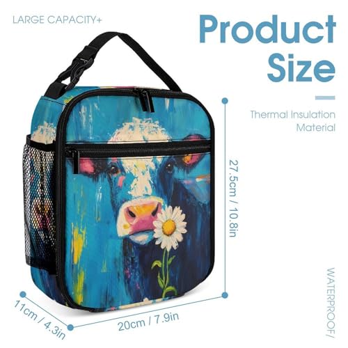 Funny Daisy Cow Painting Printed Backpack with Lunch Box Bag Pencil Case Pouch 3pcs Daypack Set for Women Men4