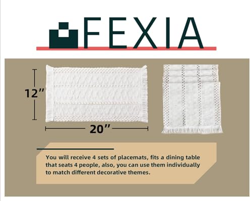 FEXIA Boho Placemats Set of 4, Macrame Table Decor and Farmhouse Style Placemats Natural Cotton Burlap, for Dining Table Kitchen