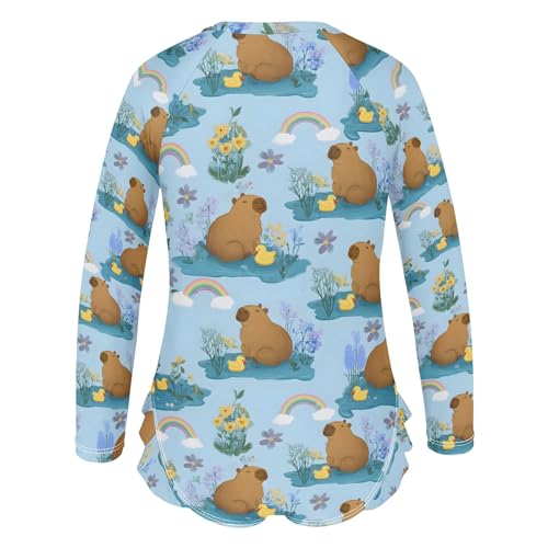 Duck Capybara Pattern Girls Long Sleeve Swimsuit Rash Guard One Piece Bathing Suits Zipper 3-12T3