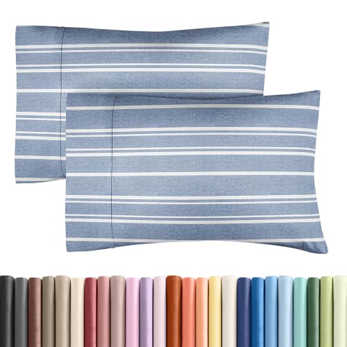 Standard Pillow Cases - 2 Pack Pillowcase Covers - 20" x 26" (Blue Stripes)