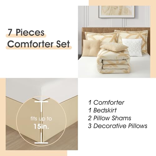 Image of LANCO MODERN LIFESTYLE 7 Piece Gold Comforter Set, California King, Jacquard Geometric Pattern, Bed in a Bag, Cut Velvet Luxury Bedding All Seasons with Pillow Shams, Decorative Pillows and Bed Skirt
