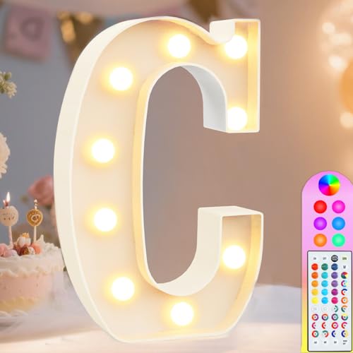 Image of Pooqla Colorful Light Up Letters with Remote, Upgraded 35 Colors LED Marquee Letters, RGB Lighted Letter for Girls Teenager Gift, Birthday, Party, Wedding, Night Light, Room, Bedroom Decor, Letter C