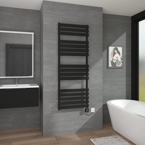 Warmehaus Smart WiFi Touch Screen Thermostatic Electric Heated Towel Rail Radiator Black Flat Panel with Weekly Timer Child Lock Bathroom Ladder Radiator 1600x600mm 800W