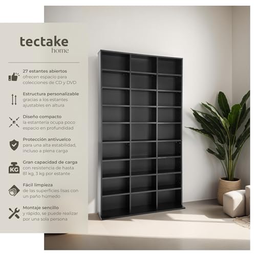 Miniatura 4 de Tectake Estanteria Pared Para Cd Dvd, Almacenaje 1080 Cds, 27 Estantes, Fácil De Montar, Estable, Madera Mdf, Metal, Estanteria Libros, Librería, Estantería De Pared, Mueble De Salon - Negro