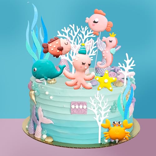 Gyufise 12 Pack Under The Sea Cake Decoration Ocean Animal Devil Fish Crab Dolphin Octopus Seahorse Cake Toppers for Ocean Mermaid Theme Party Supplies Blue - Image 2
