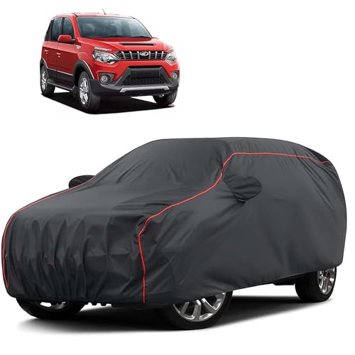 Image of Sulfar 100% Water Resistant Car Body Cover Compatible with Mirror for Mahindra Nuvosport (Triple Stitched, Full Bottom Elastic, Dark Grey Taffeta with Red Piping)