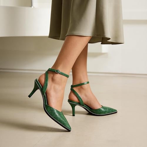 Image of SAMMITOP Kitten Heels for Women Low Heel Closed Toe Ankle Strap Pumps Wedding Party Beaded Dress Shoes 2.4 Inch
