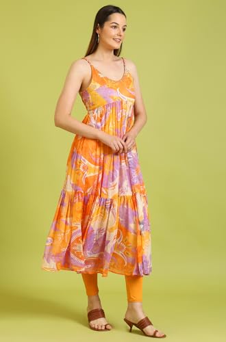 Image of W for Woman Orange Abstract Printed Tiered Spaghetti Kurta and Leggings Set with Dupatta