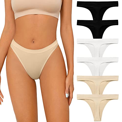 SHARICCA Seamless Thongs for Women Sexy Breathable No Show Thong Underwear Women Multiple Pack Medium (6 Pack) 2 Black, 2 White, 2 Beige