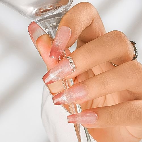 Sethexy French Long Coffin False Nails Pink Gradient Press On Nails Rhinestone Glitter Fake Nails Glossy Sparkle Acrylic Salon Quality Nail Art Removable for Women and Girls (N)